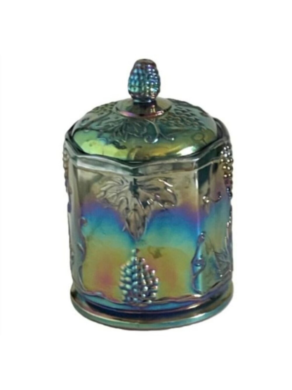 Vintage Blue Carnival Glass Harvest Grape Lidded Candy Jar Canister Indiana 7"